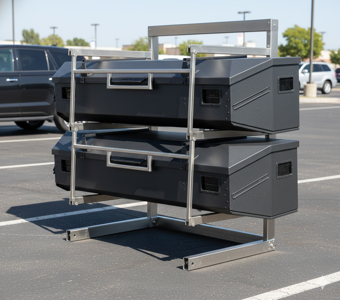 Render of Prototype 1 - two IXTAboxes stacked on an open stainless shelf with pull-out trays